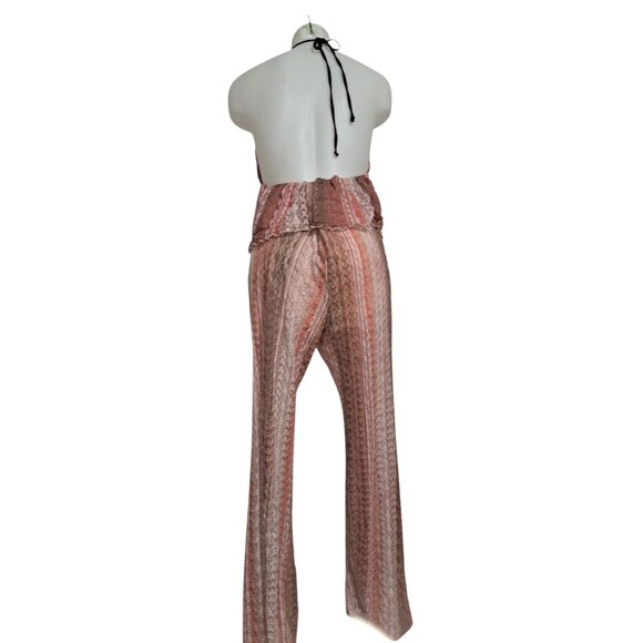 Forever 21 Womens Lace Sheer Halter Jumpsuit Pink Brown Boho Festival Lounge L - Picture 6 of 8